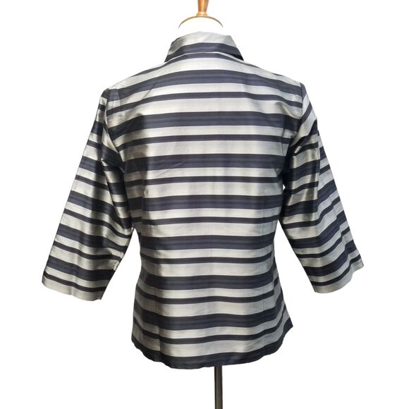 Preston & York Women Silk Boxy 3/4 Sl Collared Striped Silver Black Jacket Sz S - Picture 5 of 10